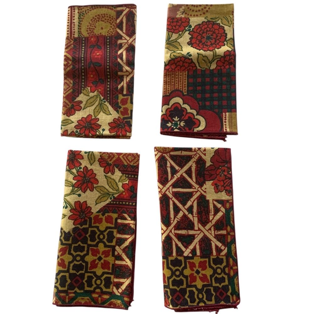 Set of 4 Boho Fabric Napkins Floral Check Gold Green Red Black Vintage 90s